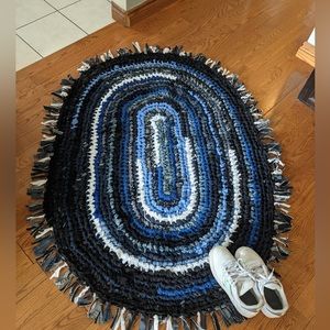 Denim and blues. Handmade, upcycled fabric rug.